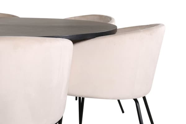 Copenhagen spisegruppe spisebord brun og 6 Berit spisestuestoler velour beige.