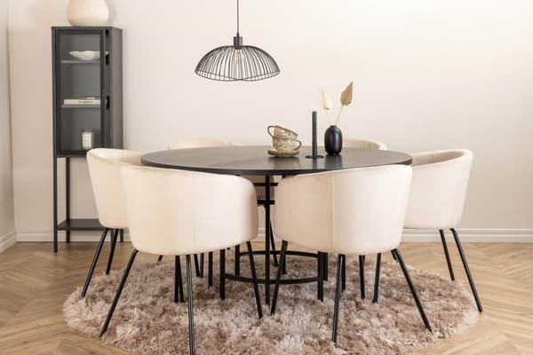 Copenhagen spisegruppe spisebord brun og 6 Berit spisestuestoler velour beige.