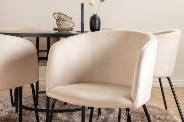 Copenhagen spisegruppe spisebord brun og 6 Berit spisestuestoler velour beige.