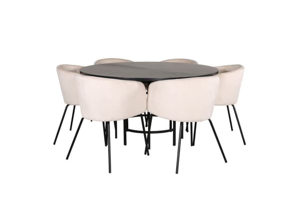 Copenhagen spisegruppe spisebord brun og 6 Berit spisestuestoler velour beige.