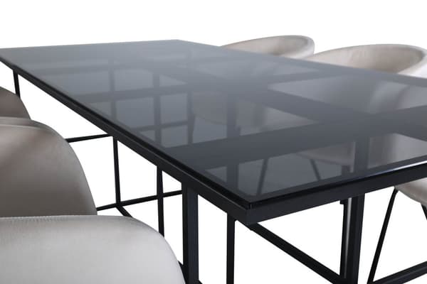 Leif spisegruppe spisebord røykfarge glass og 6 Berit spisestuestoler velour beige.