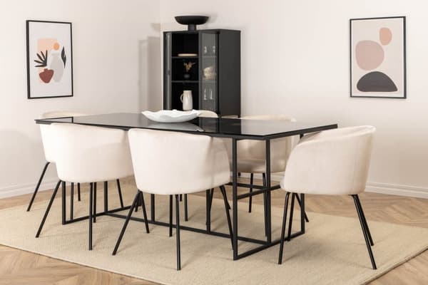 Leif spisegruppe spisebord røykfarge glass og 6 Berit spisestuestoler velour beige.