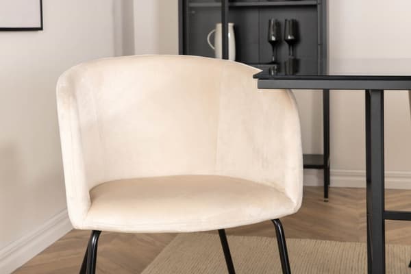Leif spisegruppe spisebord røykfarge glass og 6 Berit spisestuestoler velour beige.