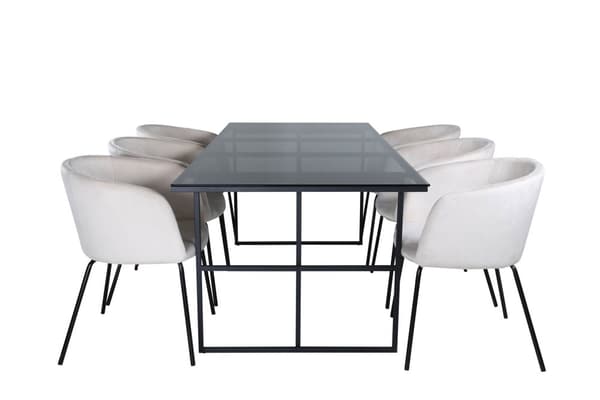 Leif spisegruppe spisebord røykfarge glass og 6 Berit spisestuestoler velour beige.