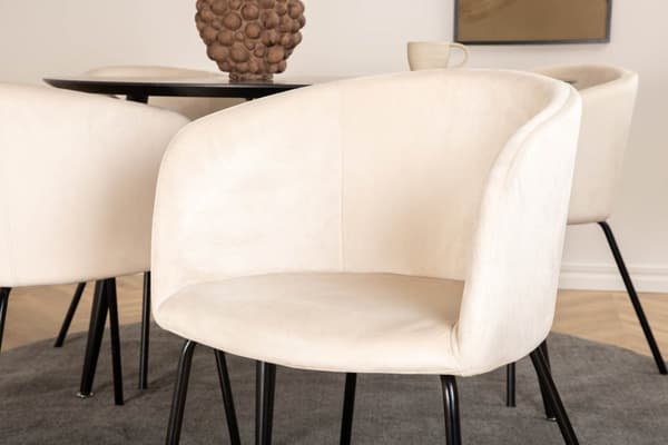 DippØ115BLBL spisegruppe spisebord svart og 4 Berit spisestuestoler velour beige.