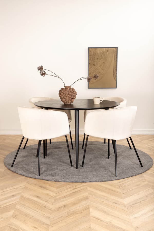 DippØ115BLBL spisegruppe spisebord svart og 4 Berit spisestuestoler velour beige.