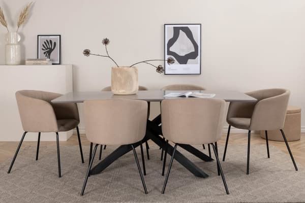 PiazzaGRBL spisegruppe spisebord grå og 6 Berit spisestuestoler beige.