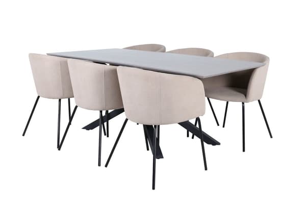 PiazzaGRBL spisegruppe spisebord grå og 6 Berit spisestuestoler beige.