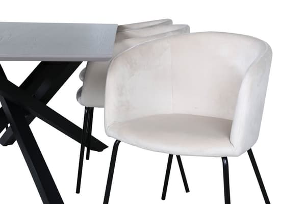 PiazzaGRBL spisegruppe spisebord grå og 6 Berit spisestuestoler velour beige.