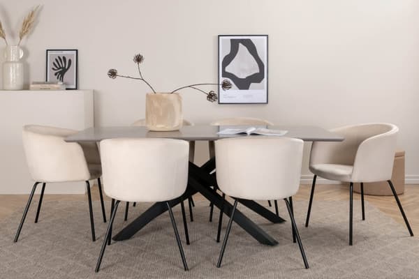 PiazzaGRBL spisegruppe spisebord grå og 6 Berit spisestuestoler velour beige.