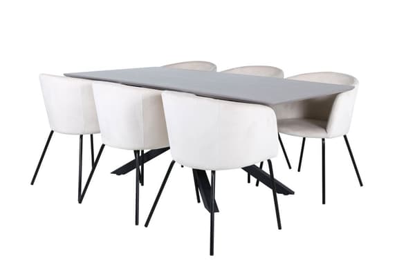 PiazzaGRBL spisegruppe spisebord grå og 6 Berit spisestuestoler velour beige.