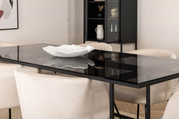 Leif spisebordssæt spisebord røgfarvet glas og 6 Berit stole velour beige.