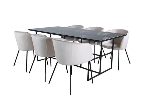Leif spisebordssæt spisebord røgfarvet glas og 6 Berit stole velour beige.