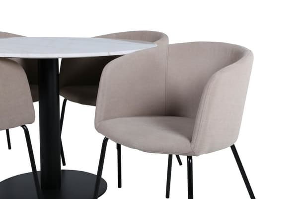 EstelleØ106WHBL spisebordssæt spisebord hvid, marmor og 4 Berit stole beige.
