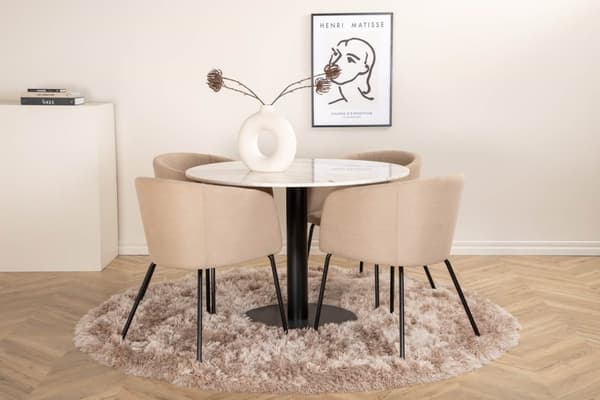 EstelleØ106WHBL spisebordssæt spisebord hvid, marmor og 4 Berit stole beige.