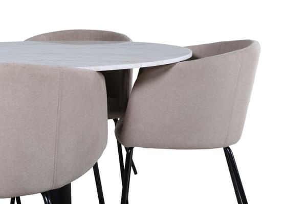 EstelleØ106WHBL spisebordssæt spisebord hvid, marmor og 4 Berit stole beige.