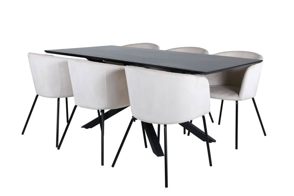 PiazzaBLBL matgrupp matbord svart och 6 Berit matstola velour beige.