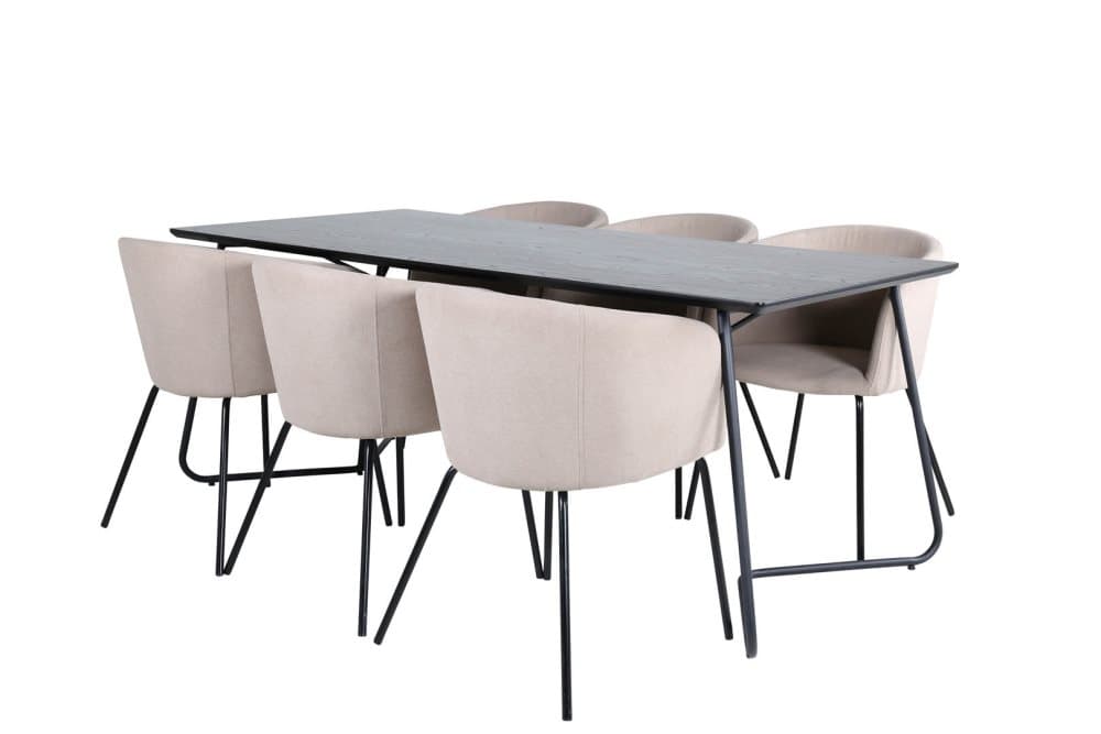 PippiBL matgrupp matbord svart och 6 Berit matstola beige.