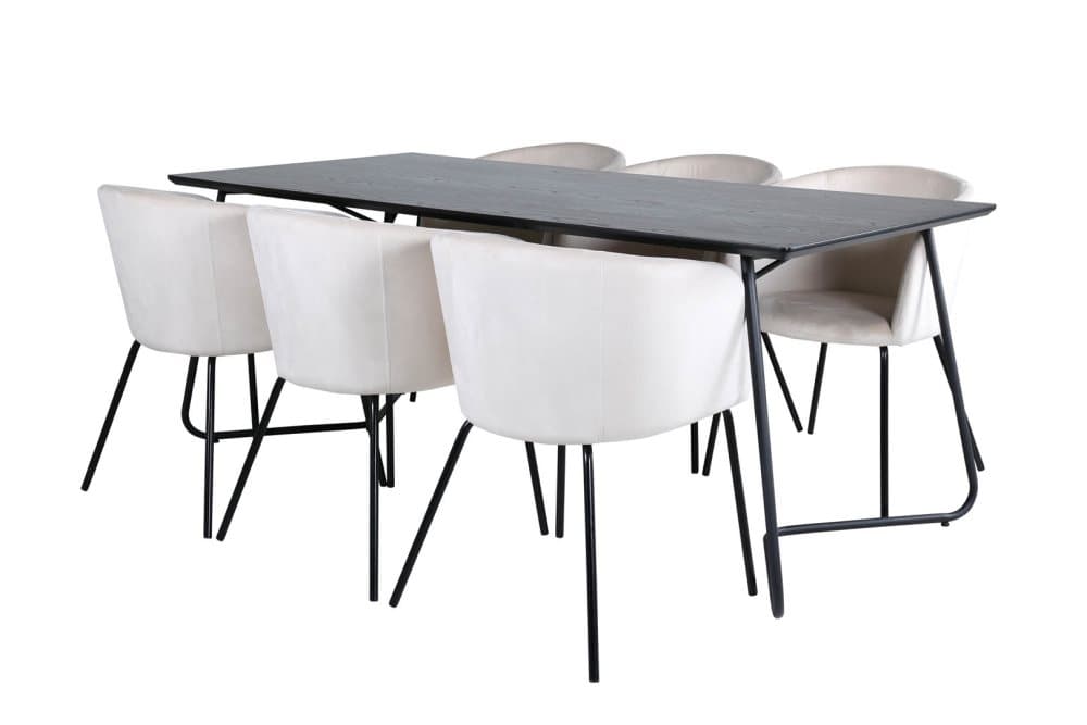 PippiBL matgrupp matbord svart och 6 Berit matstola velour beige.