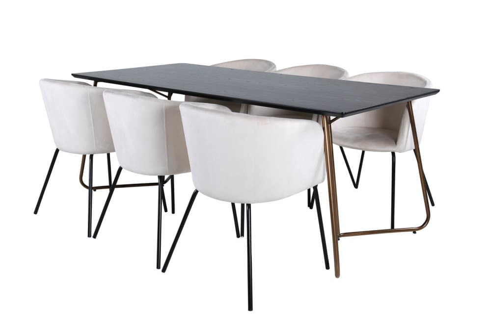 PippiCO matgrupp matbord svart och 6 Berit matstola velour beige.