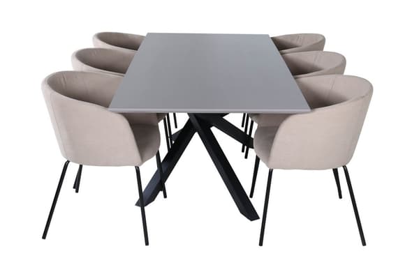 PiazzaGRBL spisebordssæt spisebord grå og 6 Berit stole beige.