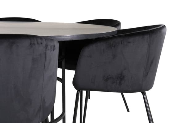 Copenhagen spisebordssæt spisebord brun og 6 Berit stole velour sort.