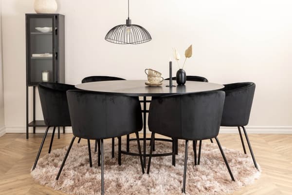 Copenhagen spisegruppe spisebord brun og 6 Berit spisestuestoler velour svart.