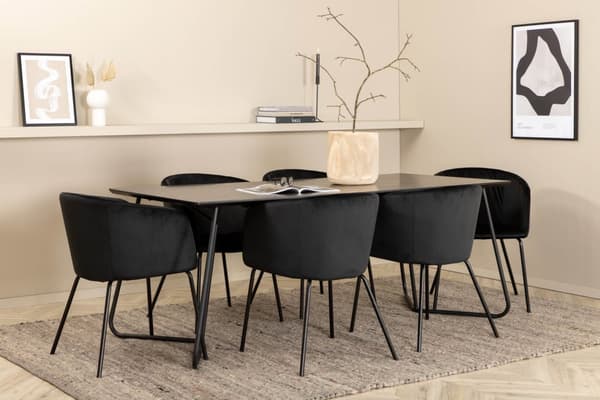PippiBL spisegruppe spisebord svart og 6 Berit spisestuestoler velour svart.