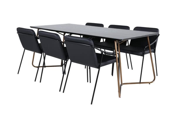 PippiCO spisegruppe spisebord svart og 6 Tvist spisestuestoler PU kunstskinn svart.