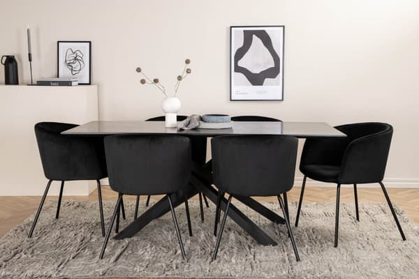PiazzaBLBL spisegruppe spisebord svart og 6 Berit spisestuestoler velour svart.