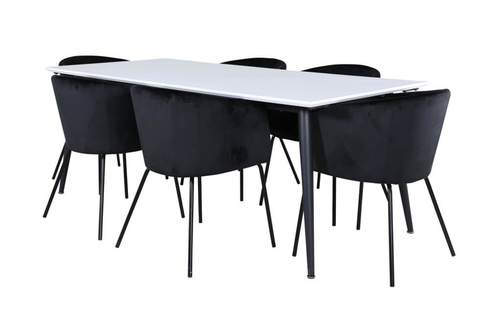 Jimmy195 matgrupp matbord udtræksbord længde cm 195 / 285 vit och 6 Berit matstola velour svart.