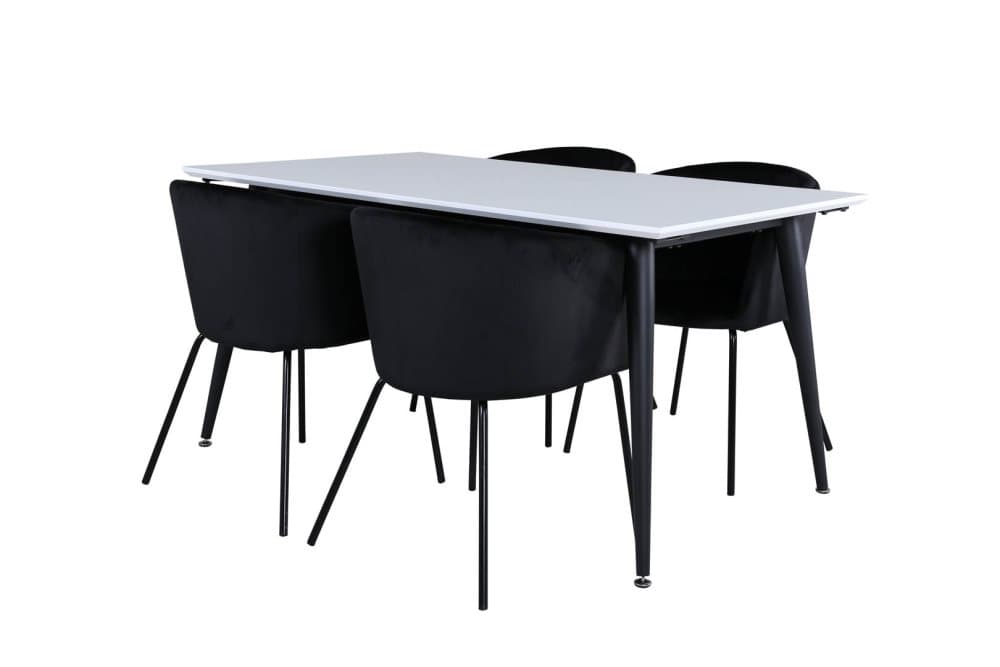 Jimmy150 matgrupp matbord udtræksbord længde cm 150 / 240 vit och 4 Berit matstola velour svart.