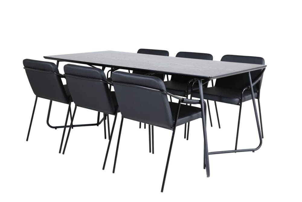 PippiBL matgrupp matbord svart och 6 Tvist matstola PU konstläder svart.