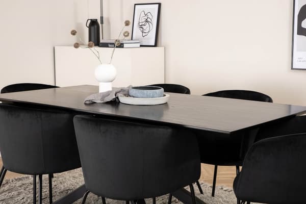PiazzaBLBL matgrupp matbord svart och 6 Berit matstola velour svart.