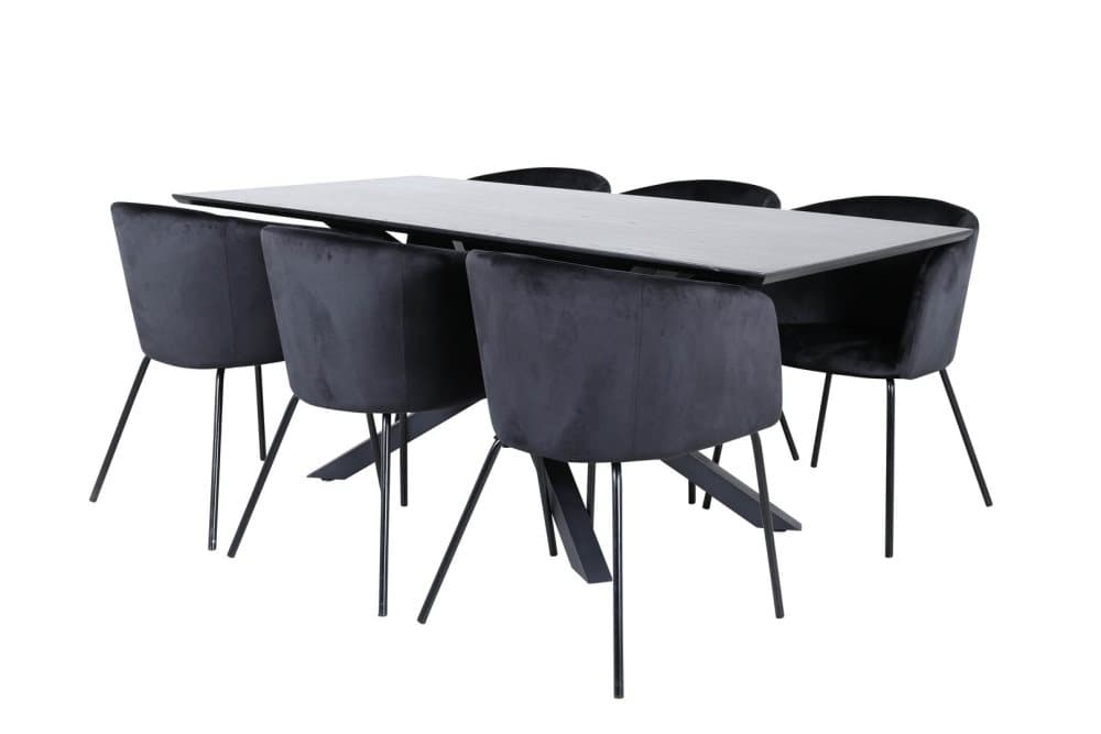 PiazzaBLBL matgrupp matbord svart och 6 Berit matstola velour svart.