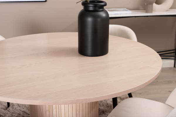 BiancaROWW matgrupp matbord ekträd faner vit washed och 4 Velvet matstola sammet beige, svart.