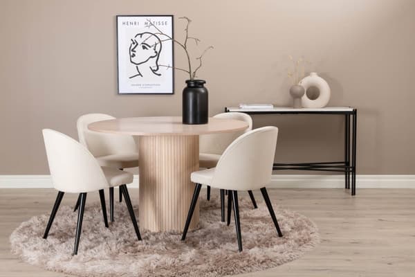 BiancaROWW spisegruppe spisebord eik finer hvit washed og 4 Velvet spisestuestoler fløyel beige, svart.
