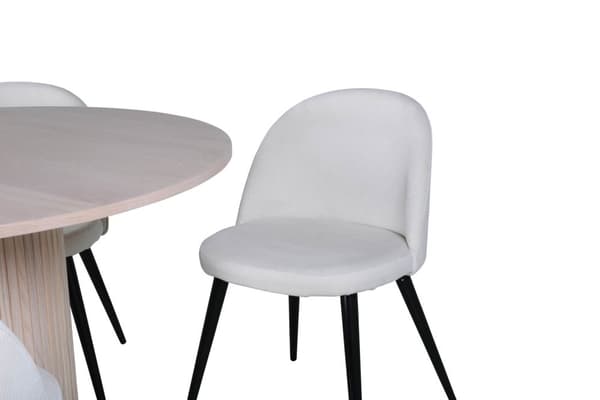 BiancaROWW spisegruppe spisebord eik finer hvit washed og 4 Velvet spisestuestoler fløyel beige, svart.