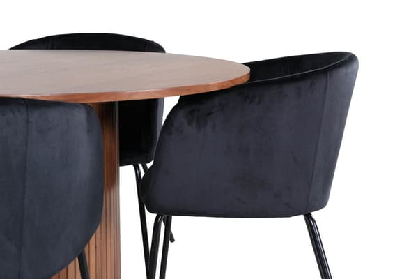 BiancaROWA spisegruppe spisebord eik finer og 4 Berit spisestuestoler velour svart.
