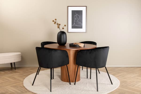 BiancaROWA spisegruppe spisebord eik finer og 4 Berit spisestuestoler velour svart.