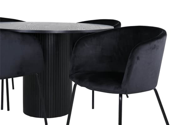 BiancaROBL spisegruppe spisebord svart og 4 Berit spisestuestoler velour svart.