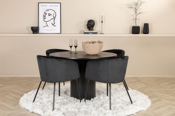 BiancaROBL spisegruppe spisebord svart og 4 Berit spisestuestoler velour svart.