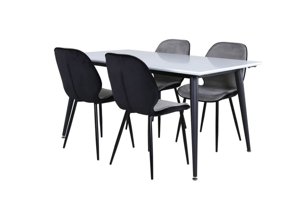 Jimmy150 matgrupp matbord udtræksbord længde cm 150 / 240 vit och 4 Emma matstola velour grå,svart.