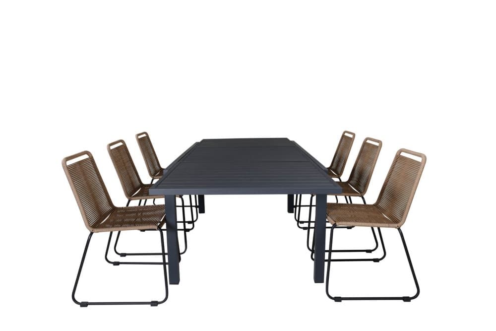 Marbella Trädgårdset bord 100x160/240cm och 6 stole satebelL Lindos svart.