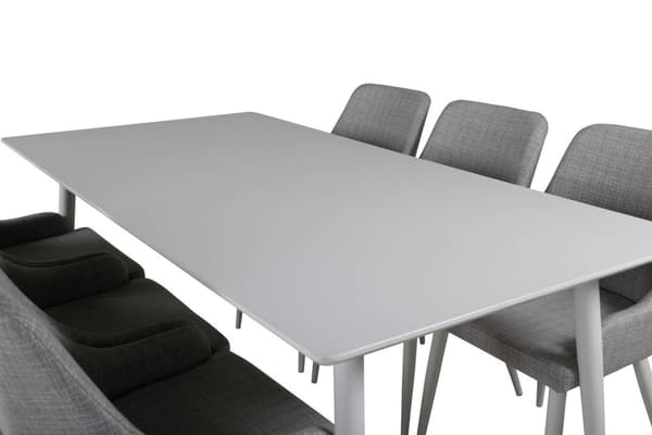 Polar180X90WHWH spisebordssæt spisebord hvid og 6 Plaza stole grå, hvid.
