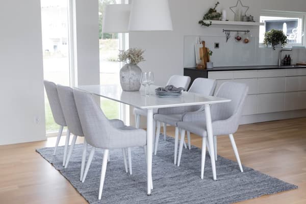 Polar180X90WHWH spisebordssæt spisebord hvid og 6 Plaza stole grå, hvid.