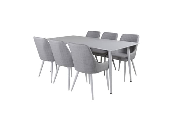 Polar180X90WHWH spisebordssæt spisebord hvid og 6 Plaza stole grå, hvid.