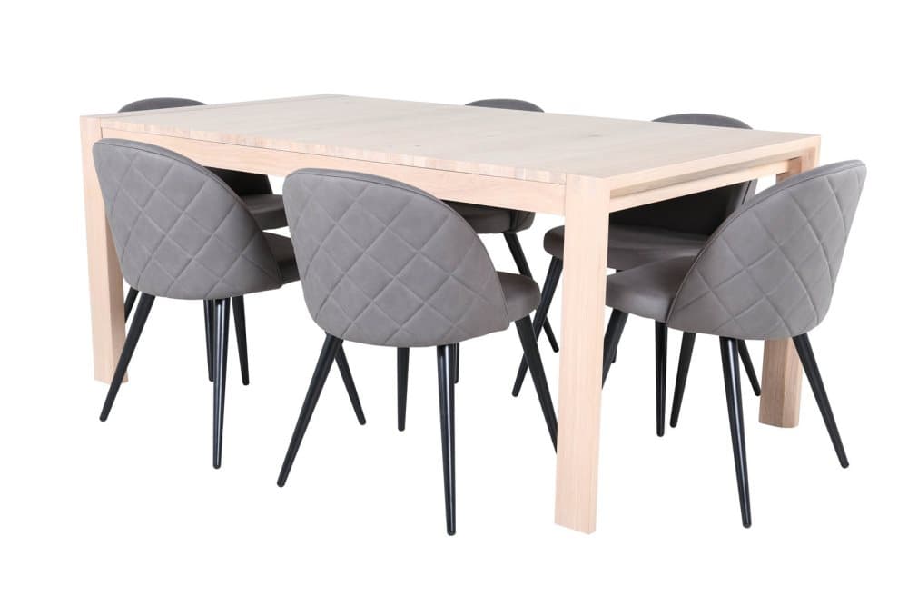 SliderWW matgrupp matbord utdragbart bord längd cm 170 / 250 ekträd vit washeded och 6 Velvet Stitches matstola grå.