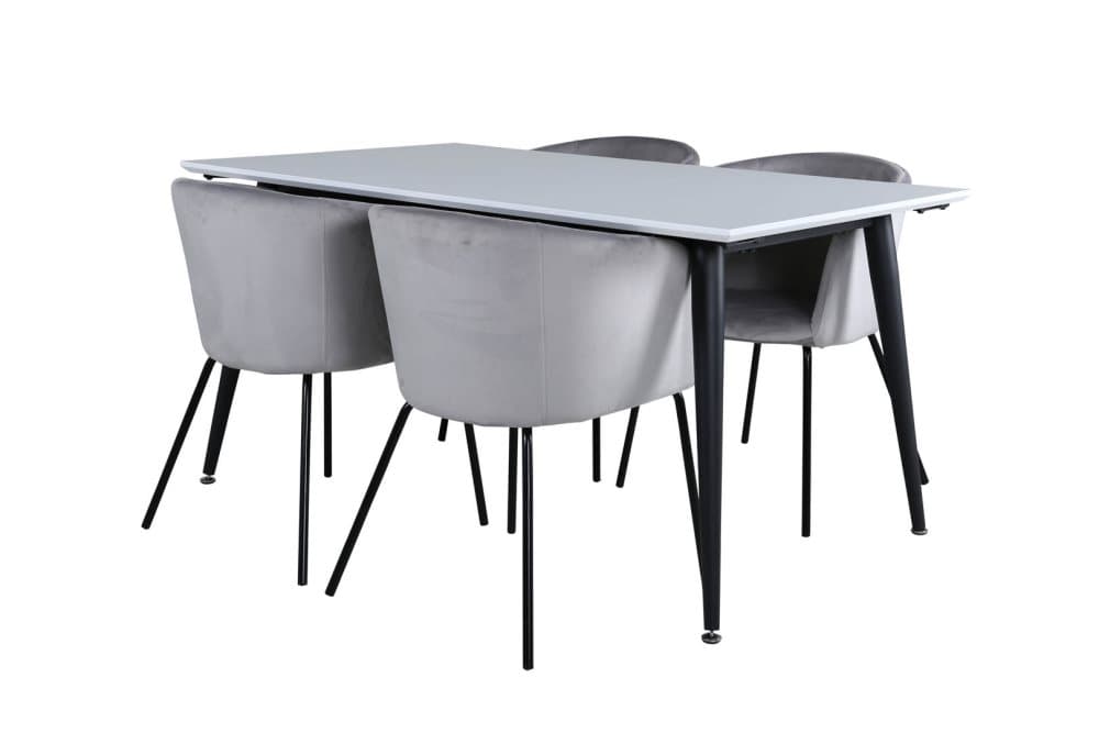 Jimmy150 matgrupp matbord utdragbart bord längd cm 150 / 240 vit och 4 Berit matstola velour grå.