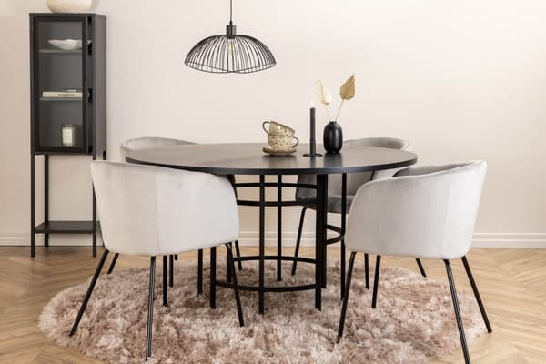 Copenhagen spisegruppe spisebord brun og 4 Berit spisestuestoler velour grå.